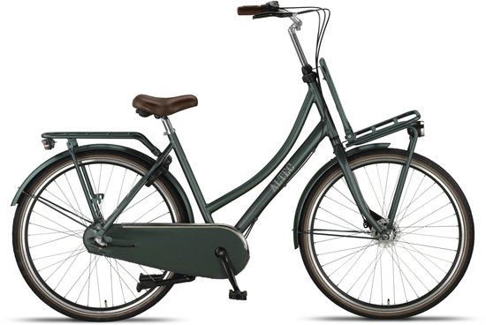Zij-aanzicht van een donkergroene Altec transportfiets voor dames, 28 inch, met bruin zadel en voorrek.