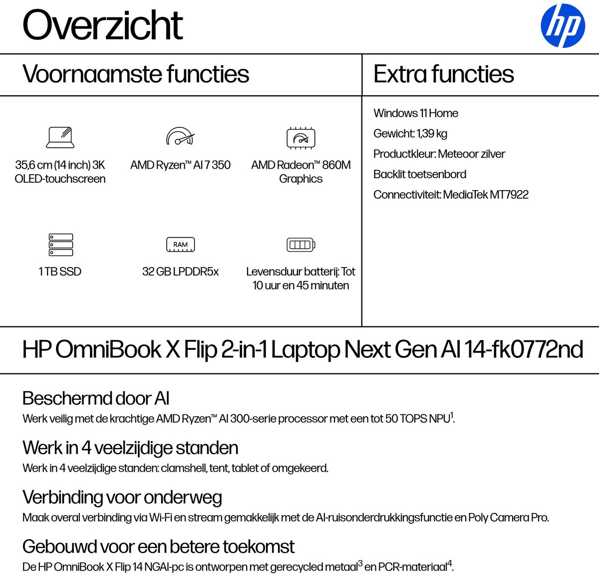 HP OmniBook X Flip NGAI 14-fk0772nd - 2-in-1 Copilot+ Laptop - 14 inch - OLED - 1.39 KG - Ryzen AI 7 - 32 GB RAM - 1000 GB - Windows 11 Home — afbeelding 6