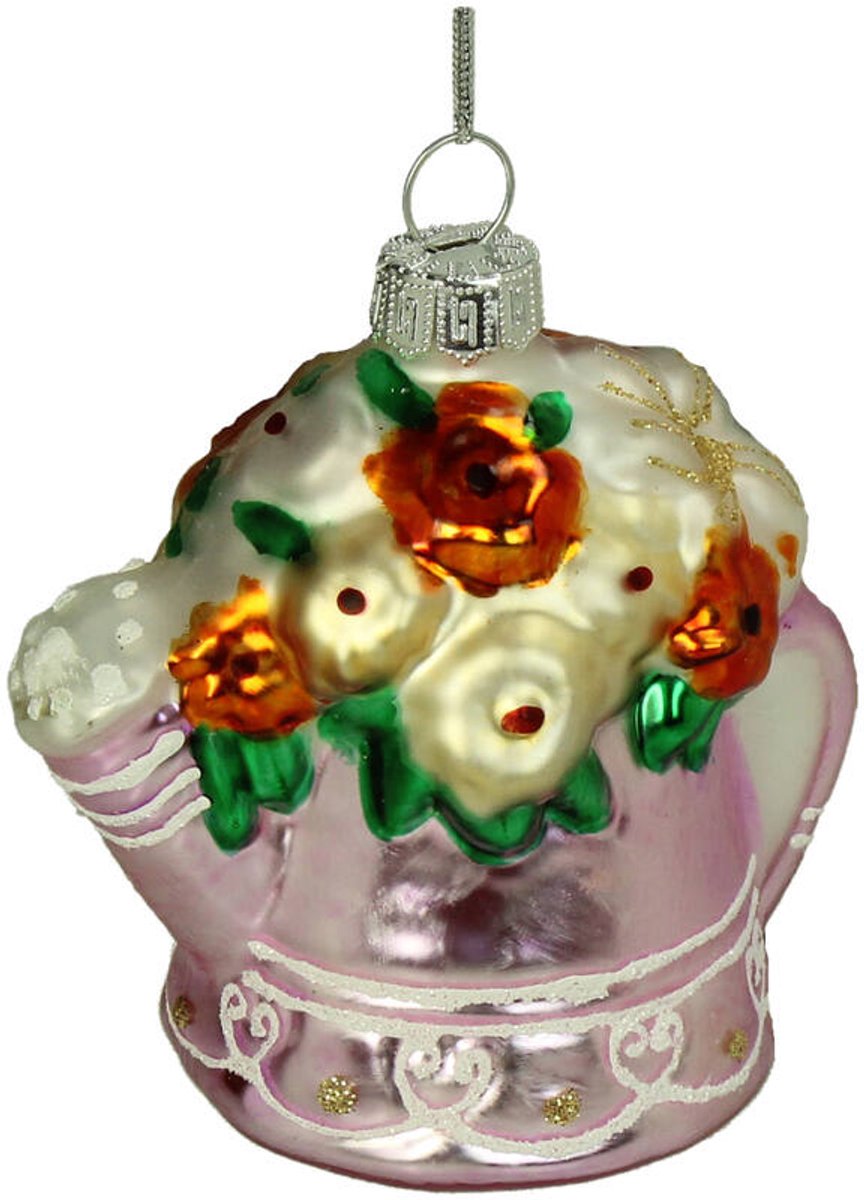 HD Collection Glazen kerstornament kerst hanger gieter met bloemen 8.4 cm