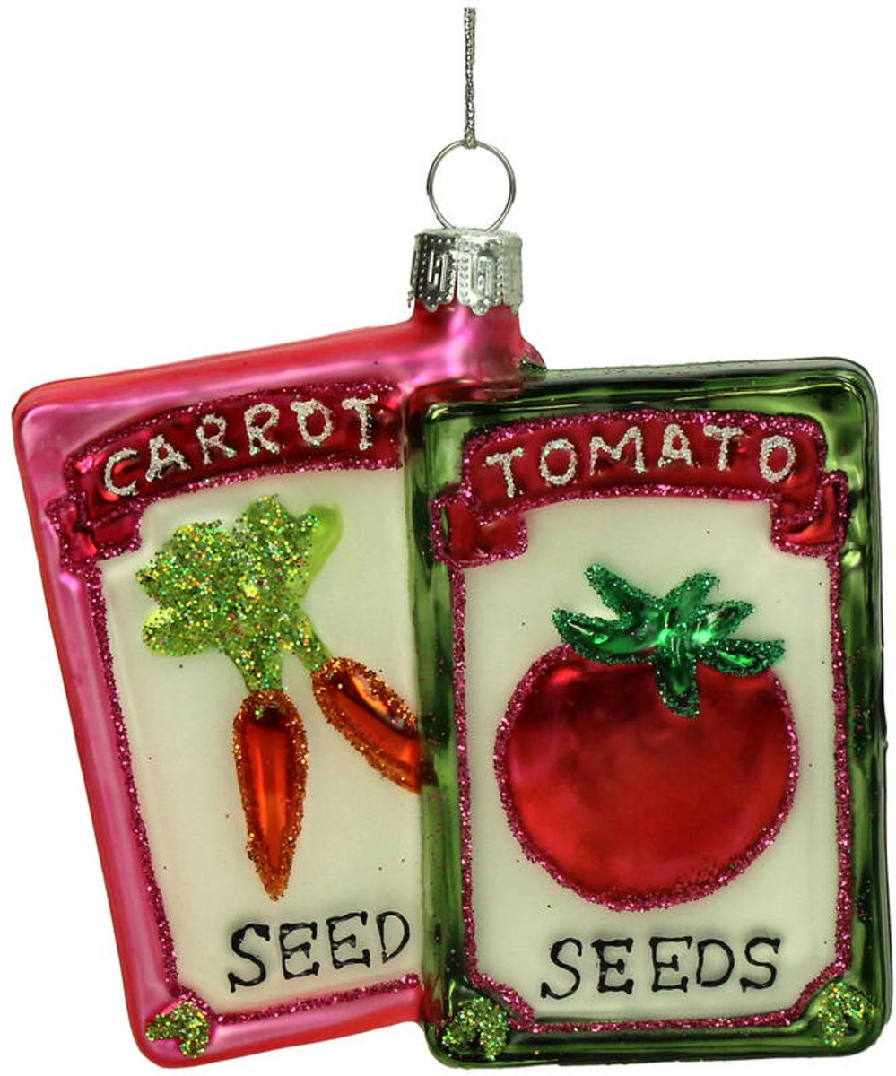 HD Collection – Glazen Kerstornament Hanger – Tomaten & Wortel Zaadjes in Zak – 9,3 cm – Unieke Sfeervolle Kerstdecoratie
