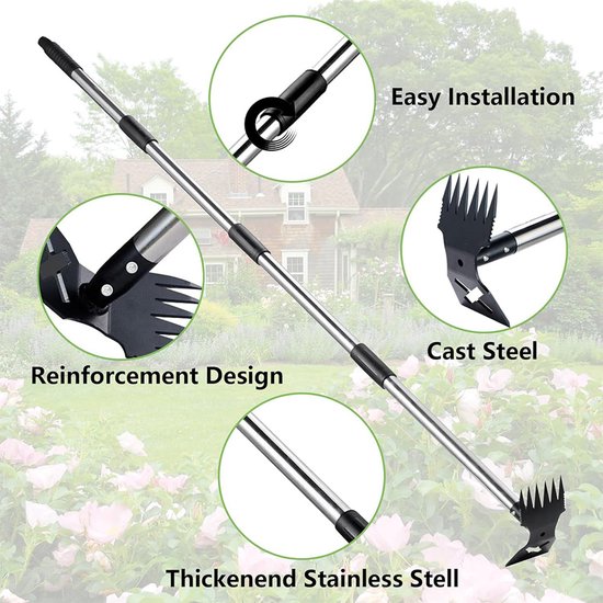 Onkruidverwijderaar met 148 cm lange steel - 2-in-1 handmatige onkruidverwijderaar - Tuinhark en schoffel - Onkruidverwijderaar voor tuin, gazon, terras, moestuin — afbeelding 3
