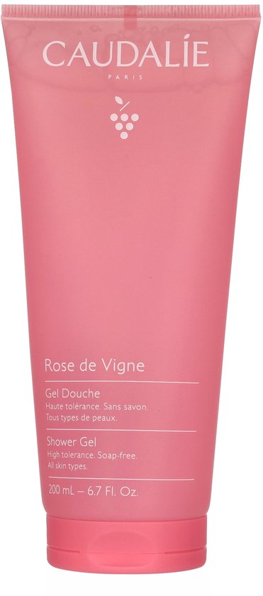Roze Caudalie Rose de Vigne douchegel tube met witte tekst.