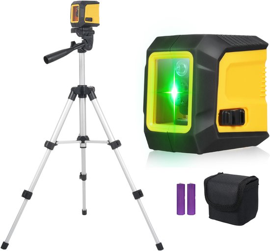 2-Lijn Groene Kruislijnlaser – ±4° Zelfnivellerend – Verstelbaar Statief – 2 Helderheidsstanden – Inclusief Draagtas & Batterijen – Voor Huis en Bouw