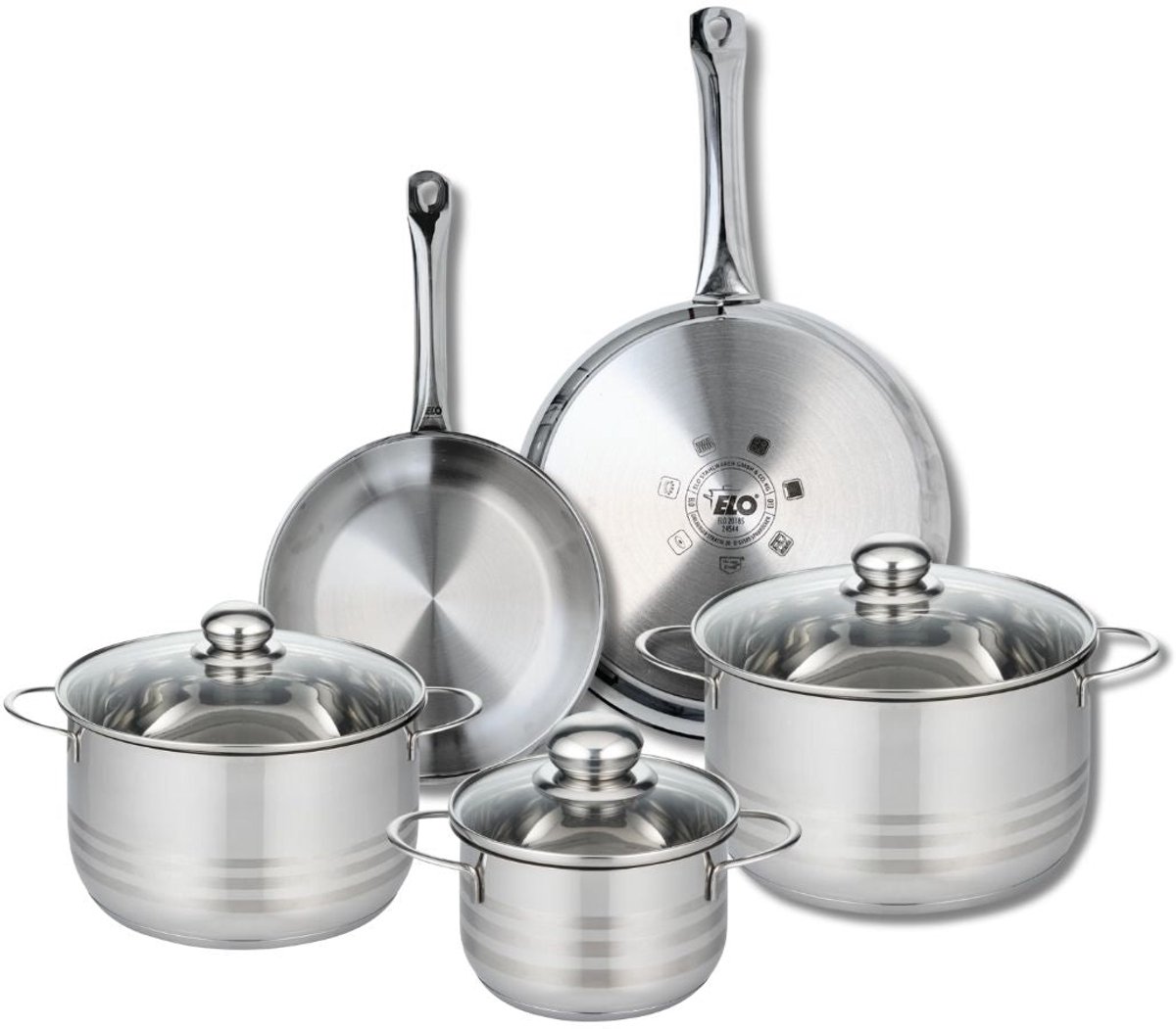 Set van 2 Koekenpannen 24 en 28 cm en 3 Kookpotten 16, 20 en 24 cm Elo Profi Brillant