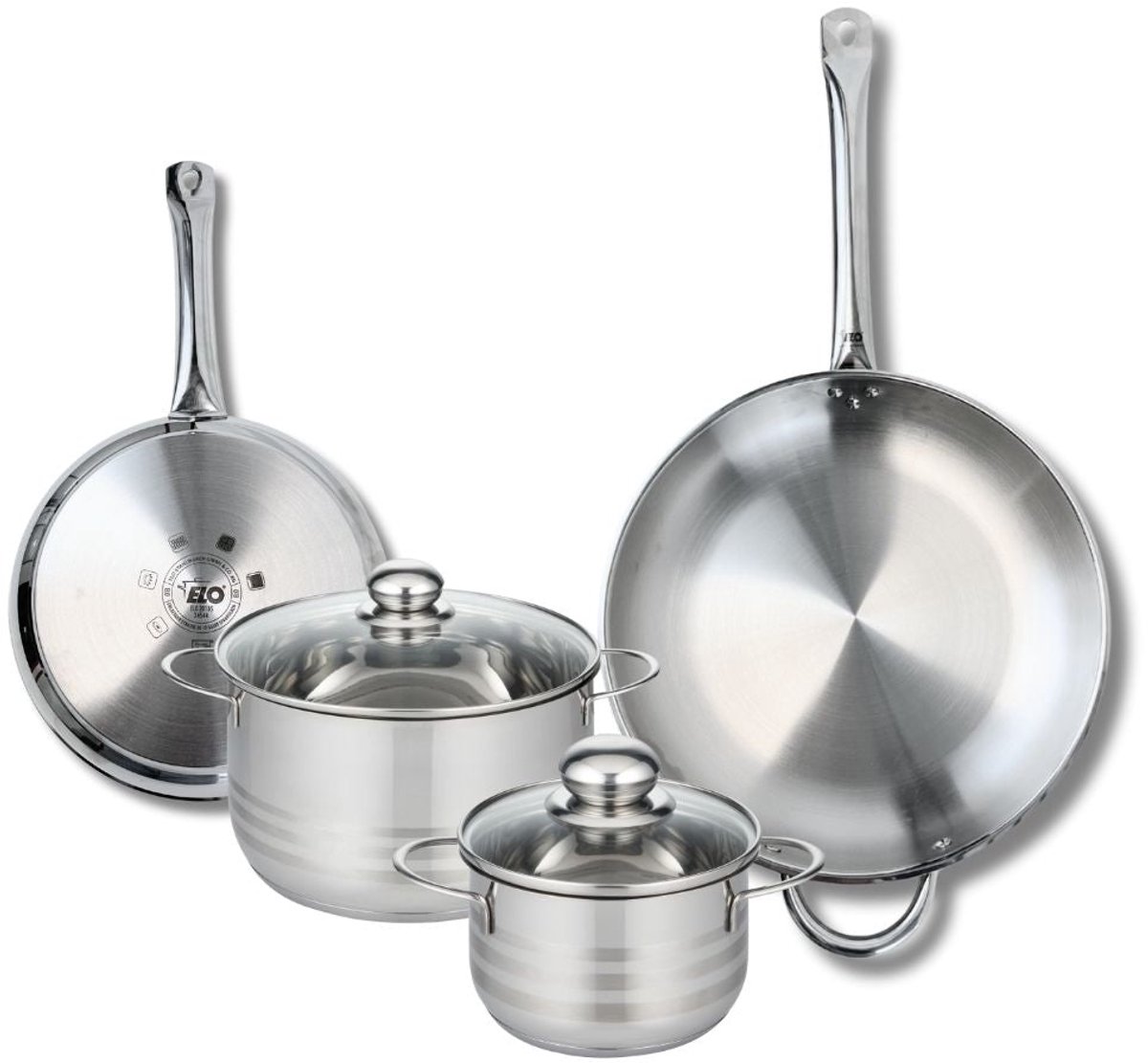 Set van 2 Koekenpannen 24 en 32 cm en 2 Kookpotten 16 en 20 cm Elo Profi Brillant