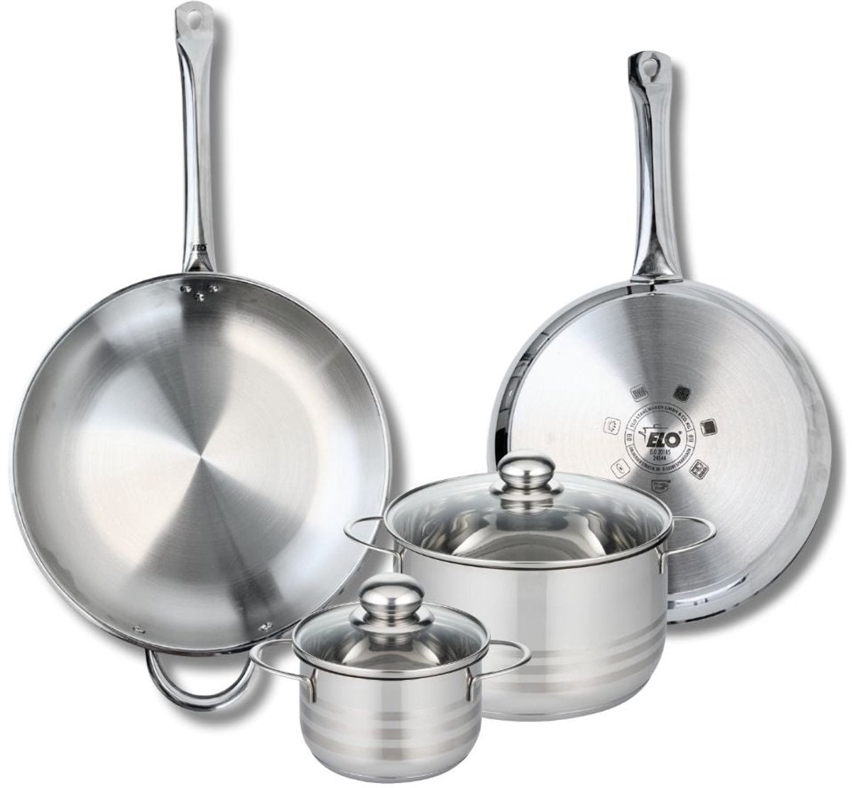 Set van 2 Koekenpannen 28 en 32 cm en 2 kookpotten 14 en 20 cm Elo Profi Brillant