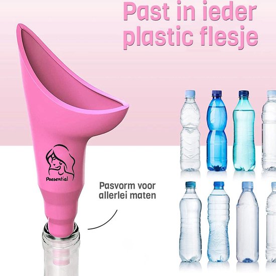 Roze plastuit voor vrouwen, past in plastic flessen van diverse maten. Voor staand plassen.