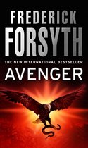 Boekomslag van "Avenger" door Frederick Forsyth met een adelaar die een slang vasthoudt tegen een gloeiende rode achtergrond. "THE NEW INTERNATIONAL BESTSELLER" is vermeld.