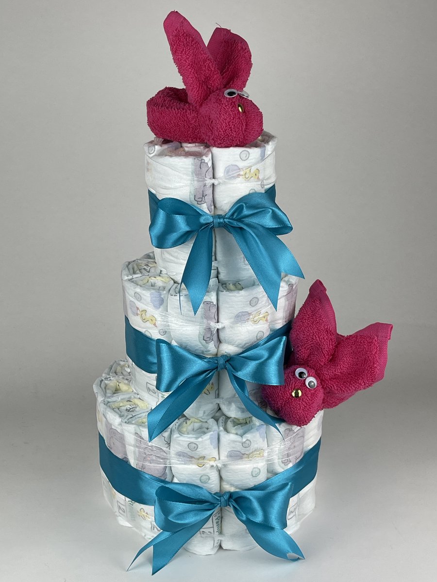 Chouette-Chouette | Luiertaart Meisje | Kraamcadeau | Geboorte Meisje | Babyshower | Konijnen Fuchsia roze - Petrol