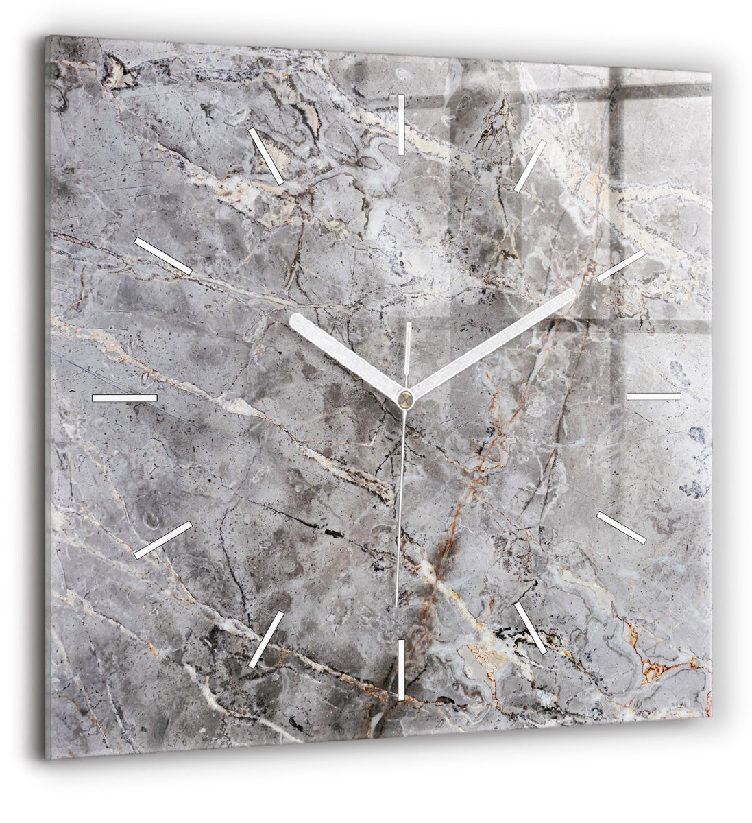 Wallfluent Wandklok - Grijs graniet marmer Stijlvolle Klok - 60 cm x 60 cm - Grijs Wandklok - Witte Handen - Wandklok Zonder Cijfers - Wandklok voor in de Keuken - Vierkante Glas Klok - Scandinavisch Wandklok - Klok met Print