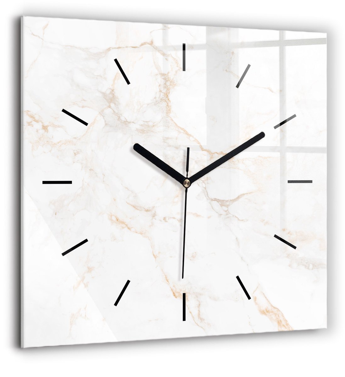 Wallfluent Wandklok - Elegant marmer Decoratieve Wandklok - 60 cm x 60 cm - Wit Wandklok - Zwarte Handen - Wandklok Zonder Cijfers - Wandklok Glas Woonkamer - Vierkante Glazen Klok - Industrieel Wandklok - Stijlvolle Klok