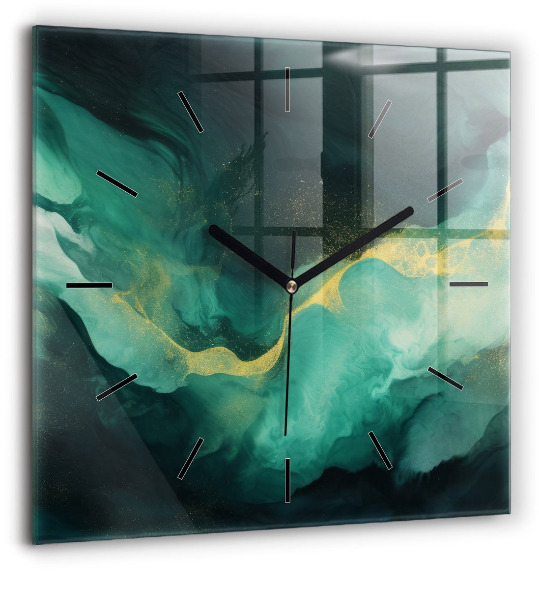 Wallfluent Wandklok - Groen marmer Unieke Wandklok - 60 cm x 60 cm - Groente Wandklok - Zwarte Handen - Wandklok Zonder Cijfers - Stille Wandklok Slaapkamer - Vierkante Glazen Wandklok - Scandinavisch Wandklok - Klok als Muurdecoratie