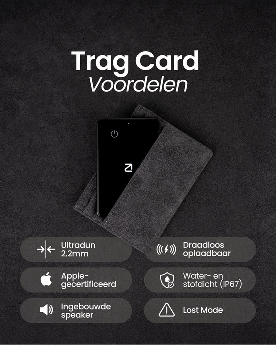 Collage van de voordelen van de Trag Card: dun, oplaadbaar, waterdicht.