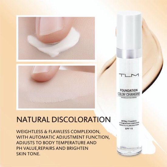 Drie afbeeldingen: een close-up van foundation op een vinger, een close-up van foundation aangebracht op de huid, en een flesje foundation met de tekst 'Natural Discoloration'.