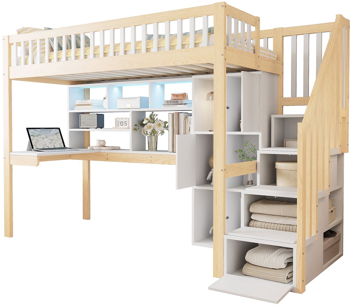 Merax Hoogslaper 90x200 met Bureau en Opbergruimte in Trap – Kinderbed met LED Verlichting – Hout Bruin met Wit
