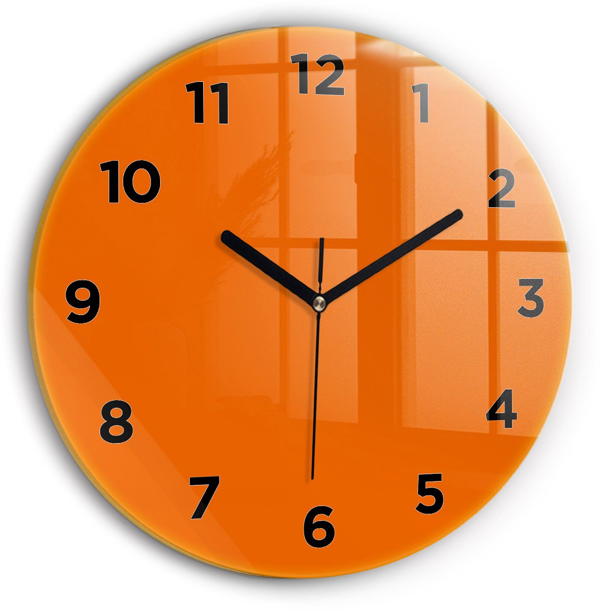 Wallfluent Wandklok - Oranje Ronde Glas Klok - 30 cm x 30 cm - Oranje Wandklok - Zwarte Handen - Wandklok Met Cijfers - Wandklok Glas Woonkamer - Ronde Glazen Klok - Minimalistisch Wandklok - Ronde Glazen Wandklok