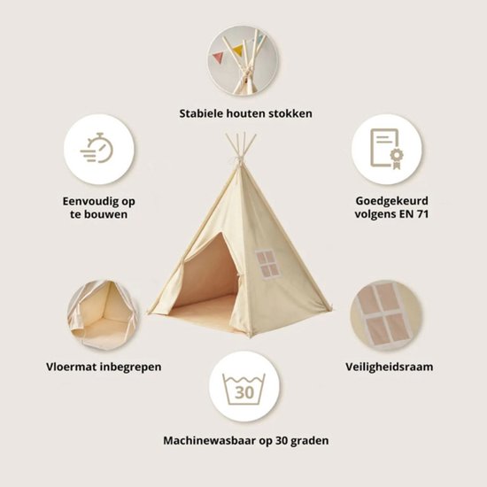 Petite Amélie Speeltent Été – Wigwam met dunne vloerbodem – Tipi 100% katoen – Wasbaar op 30° – Extra veilig & licht door afgeschermd raam