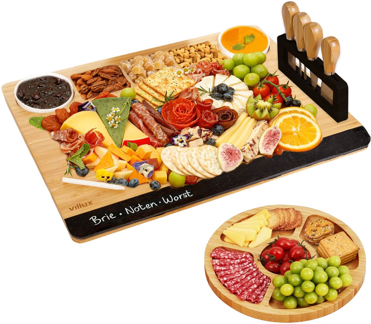 Villux Tapasplank - Borrelplank - Serveerplank - Kaasplank - Hapjesplank - Inclusief Kaasmesjes - Taspasplank Bamboe - Krijtbord - Borrelplank Rond - Inclusief Ebook