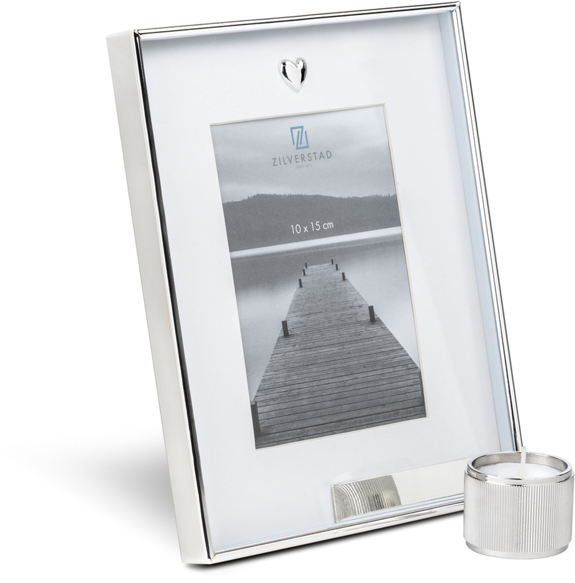 Zilverstad Memory fotolijst met hart icoon en waxinelichthouder zilver kleur