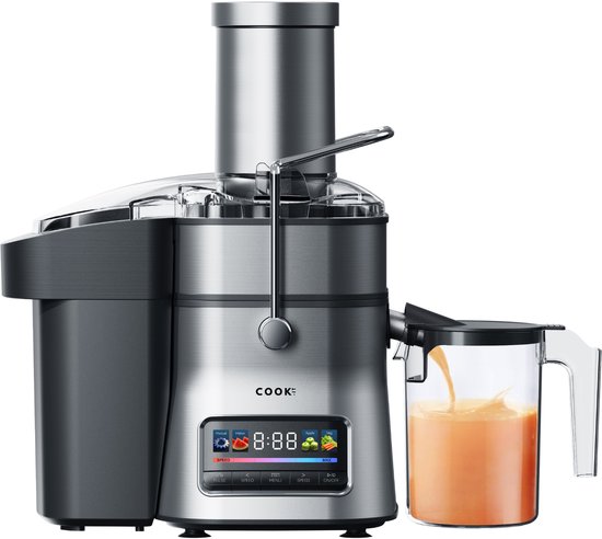 Foto: Cook it juicer pro roestvrijstalen sapcentrifuge led displaypaneel drukknopschakelaar met 6 snelheden 3 vooraf ingestelde programma s extra grote vulschacht 84 mm 1l sapkan met schuimscheider 2 5l pulpcontainer rvs microzeef