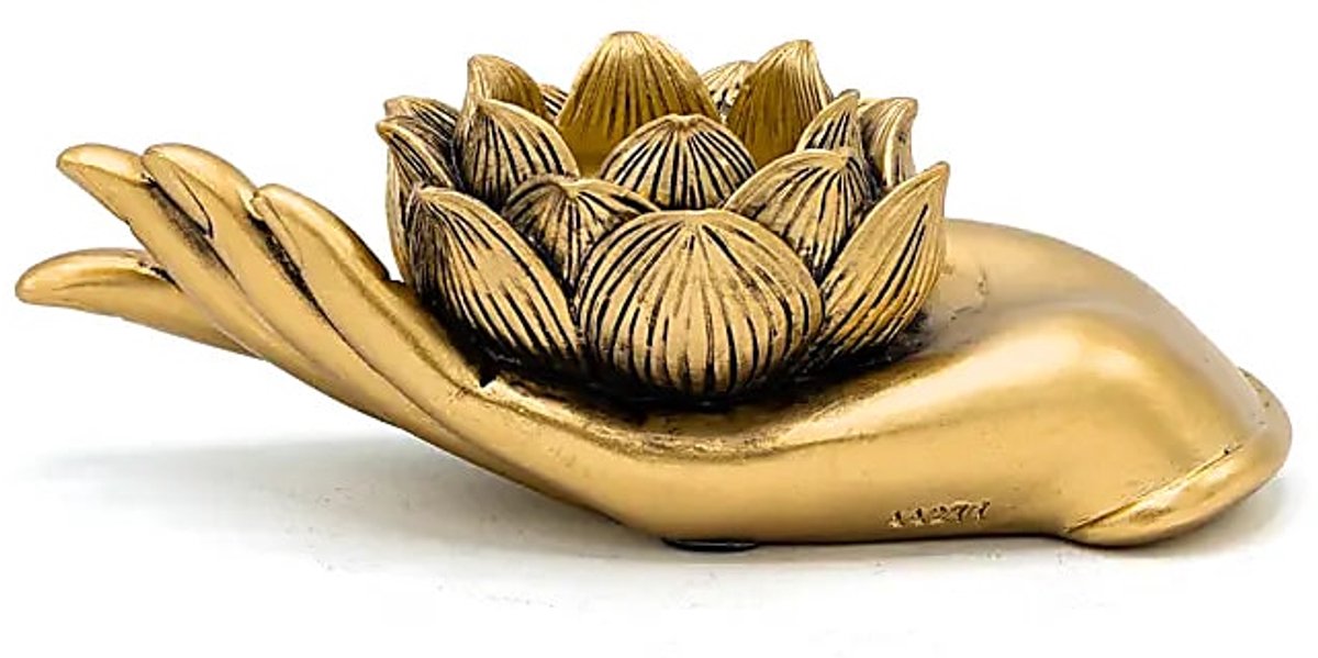 Phoenix Import Mani Bhadra Theelichthouder Lotus hand goudkleurig