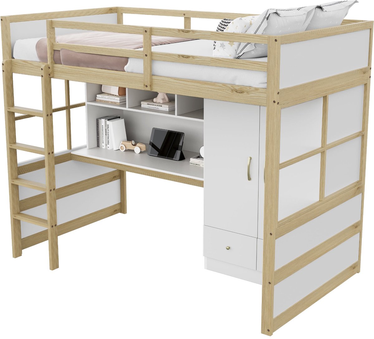 Merax Hoogslaper 90x200 cm - Massief Houten Jeugdbed - Kinderbed met Bureau - Kast en Laden - Naturel Hout Bruin met Wit