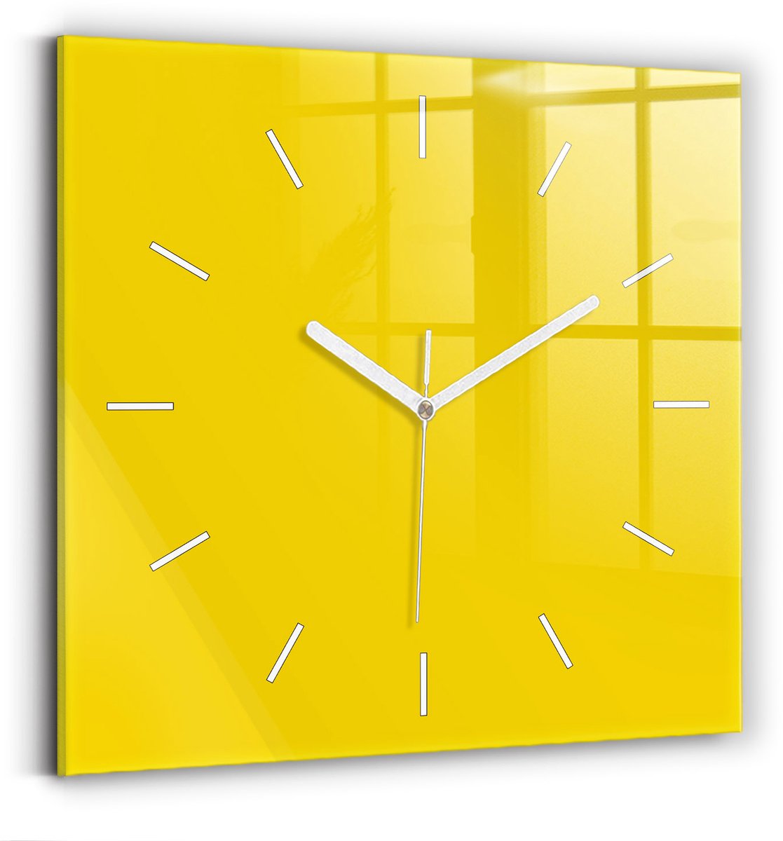 Wallfluent Wandklok - Geel Vierkante Glazen Wandklok - 30 cm x 30 cm - Geel Wandklok - Witte Handen - Wandklok Zonder Cijfers - Stille Wandklok Slaapkamer - Vierkante Glas Klok - Scandinavisch Wandklok - Vierkante Glazen Klok