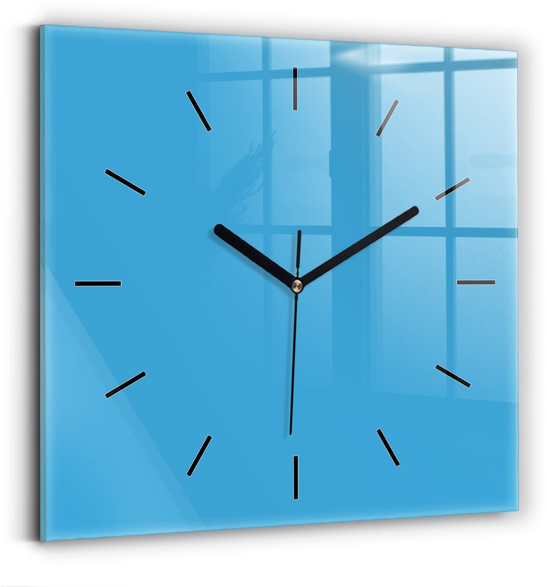 Wallfluent Wandklok - Blauw Vierkante Glas Klok - 30 cm x 30 cm - Blauw Wandklok - Zwarte Handen - Wandklok Zonder Cijfers - Wandklok voor in de Keuken - Vierkante Glazen Klok - Minimalistisch Wandklok - Vierkante Glazen Wandklok