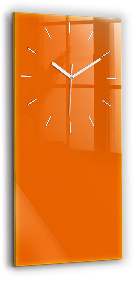 Wallfluent Wandklok - Oranje Rechthoekige Glazen Wandklok - 30 cm x 60 cm - Oranje Wandklok - Witte Handen - Wandklok Zonder Cijfers - Wandklok Glas Woonkamer - Glazen Klok Rechthoekige - Minimalistisch Wandklok - Rechthoekige Glas Klok