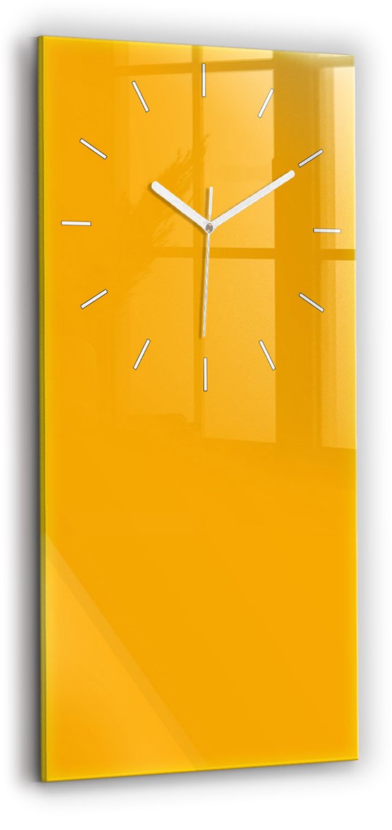 Wallfluent Wandklok - Donkergeel Rechthoekige Glazen Wandklok - 30 cm x 60 cm - Donkergeel Wandklok - Witte Handen - Wandklok Zonder Cijfers - Kinder Wandklok Glas - Glazen Klok Rechthoekige - Minimalistisch Wandklok - Rechthoekige Glas Klok
