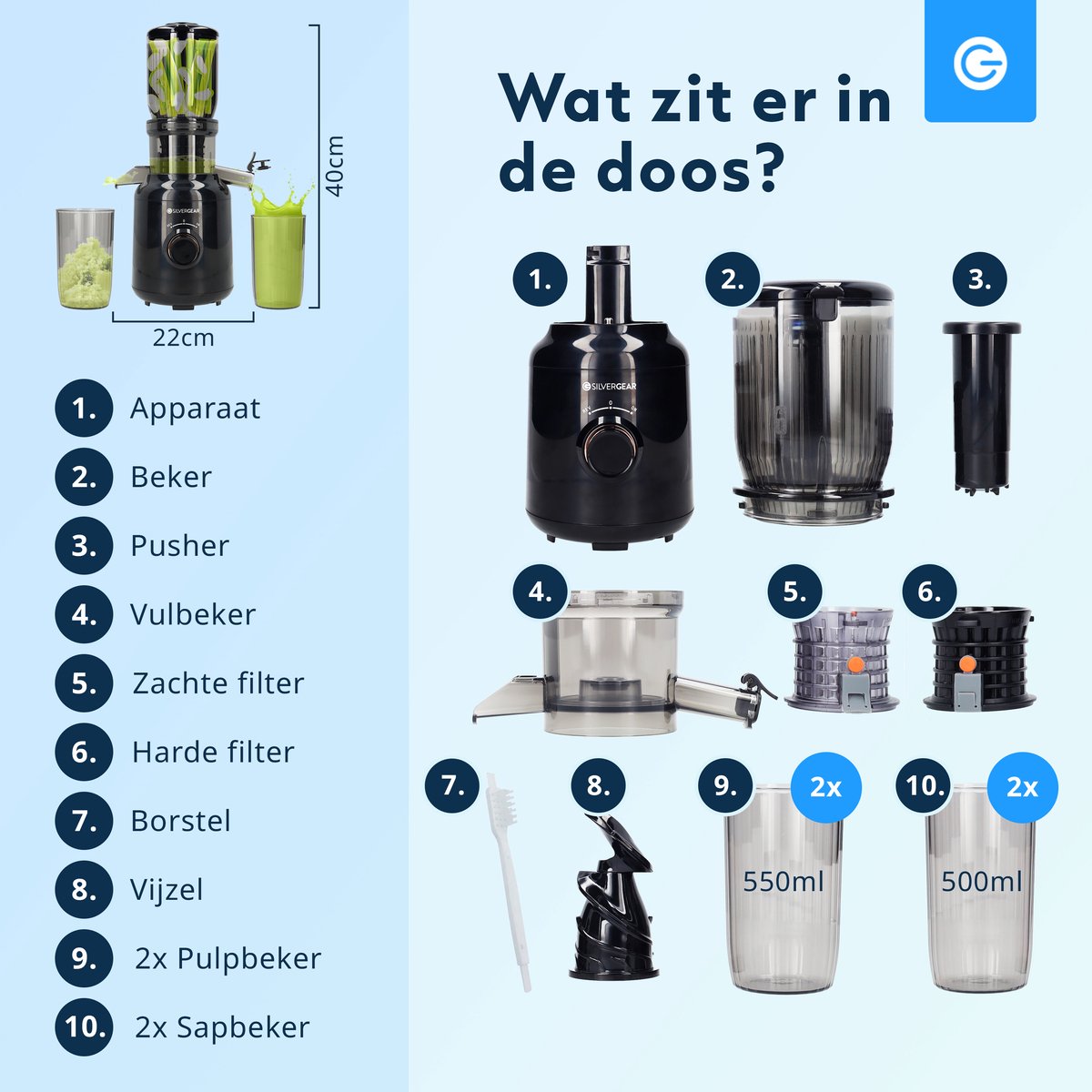 Slowjuicer XL 1000ml - BPA-vrij - Stille Sapcentrifuge - Voor Groenten en Fruit - 104mm Vulopening XXL - Fruitpers - Sapmachine - Citruspers Electrisch - Zwart - Silvergear thumbnail 7
