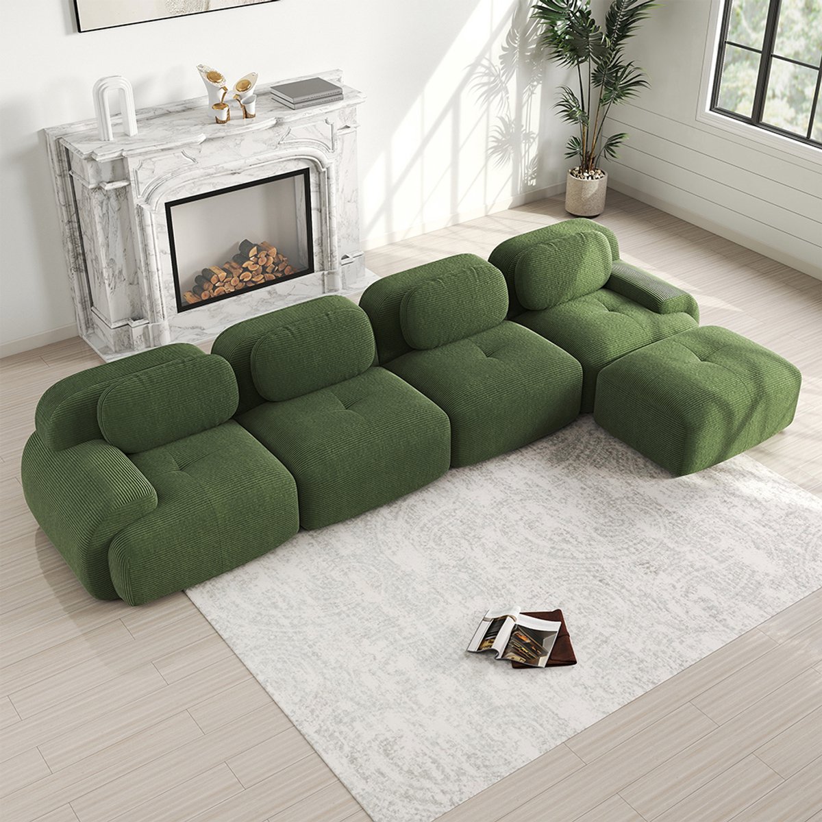 Pugsdrly Hoekbank met 4 zitplaatsen met zeer elastische 32D-vulling, antislip, met chaise longue, extra brede armleuningen, vrij te combineren, zonder montage, voor kantoor, woonkamer en thuisbioscoop, groen