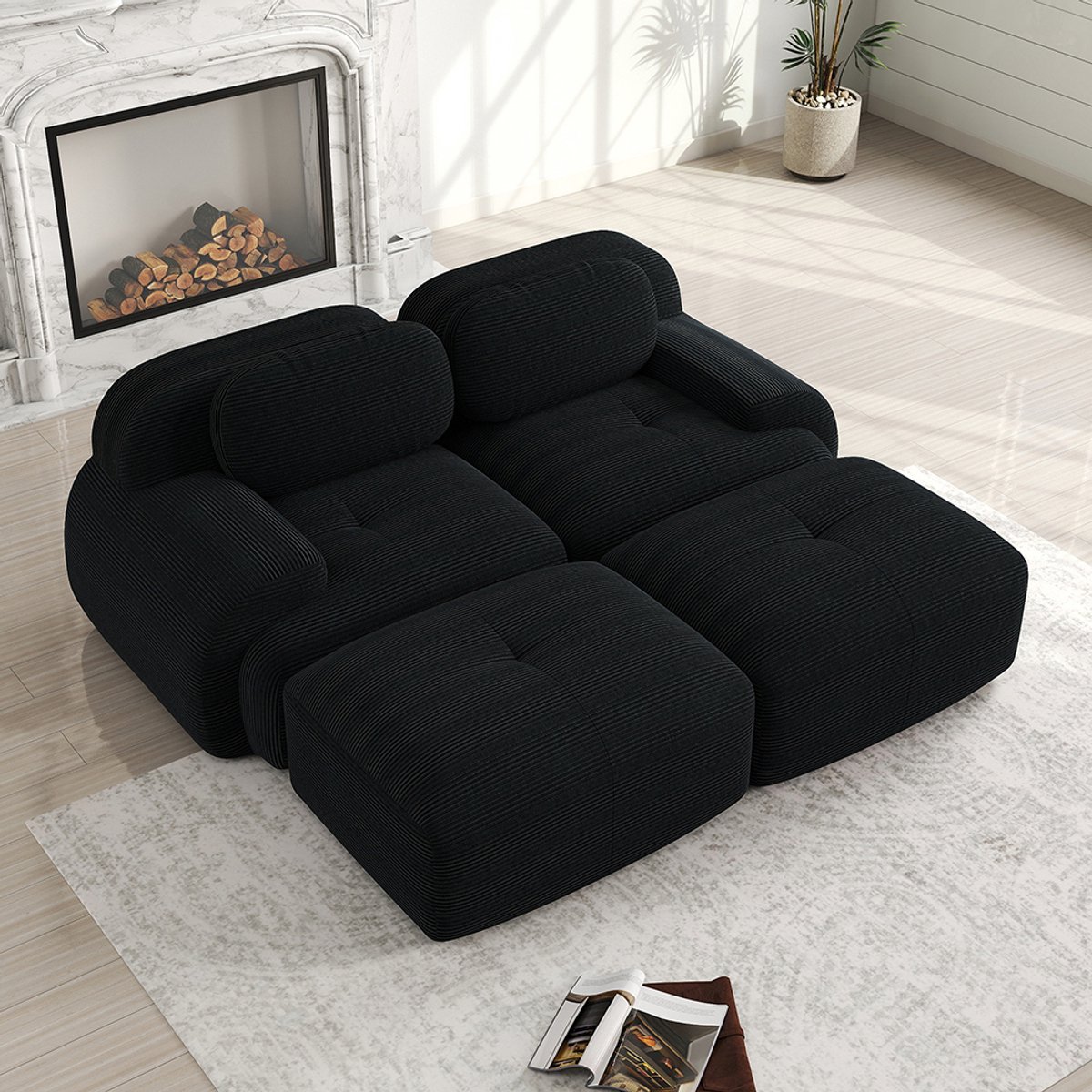 Pugsdrly 2-zitsbank van corduroy, modulair te combineren met een chaise longue, antislip, ergonomische armleuningen en zeer elastische vulling voor de woonkamer en slaapkamer, zwart