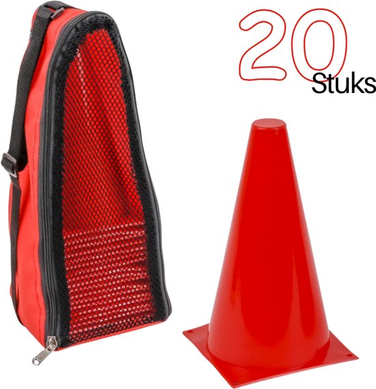 Een rode tas met rits en draagriem naast een rode pion van 23 cm.