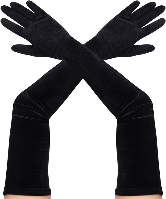 Foto: Brenzoos lange dameshandschoenen in zwart stijlvolle ellebooglange zwarte handschoenen retro operastijl avondhandschoenen danshandschoenen jaren 1920 satijnen stof feestelijke accessoires