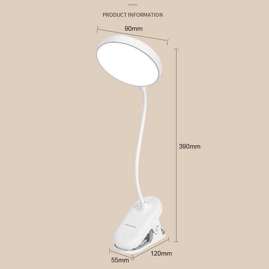 1 stuk - LED-nachtlampje voor bed - 3-kleuren draagbare klem-leeslampje - USB-aangedreven - kleine klem bureaulamp - voor slaapkamer, kantoor, studeerkamer - wit — afbeelding 2