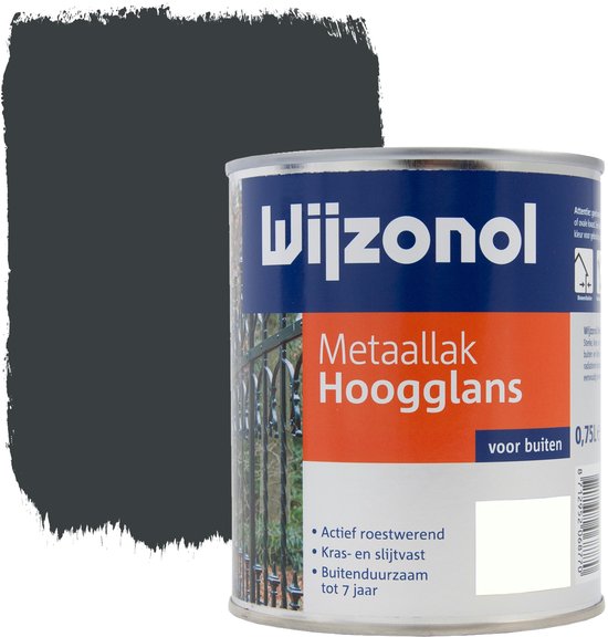 Blik Wijzonol Metaallak Hoogglans, met een donkergrijs verfstaal ernaast.
