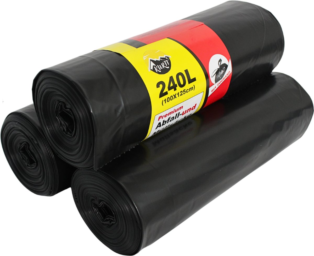 KURTT - 100x containerzakken (10 rollen a 10 zakken) 240L - 100 x 125 cm - Zwart - (70 micron extra sterk) afvalzakken