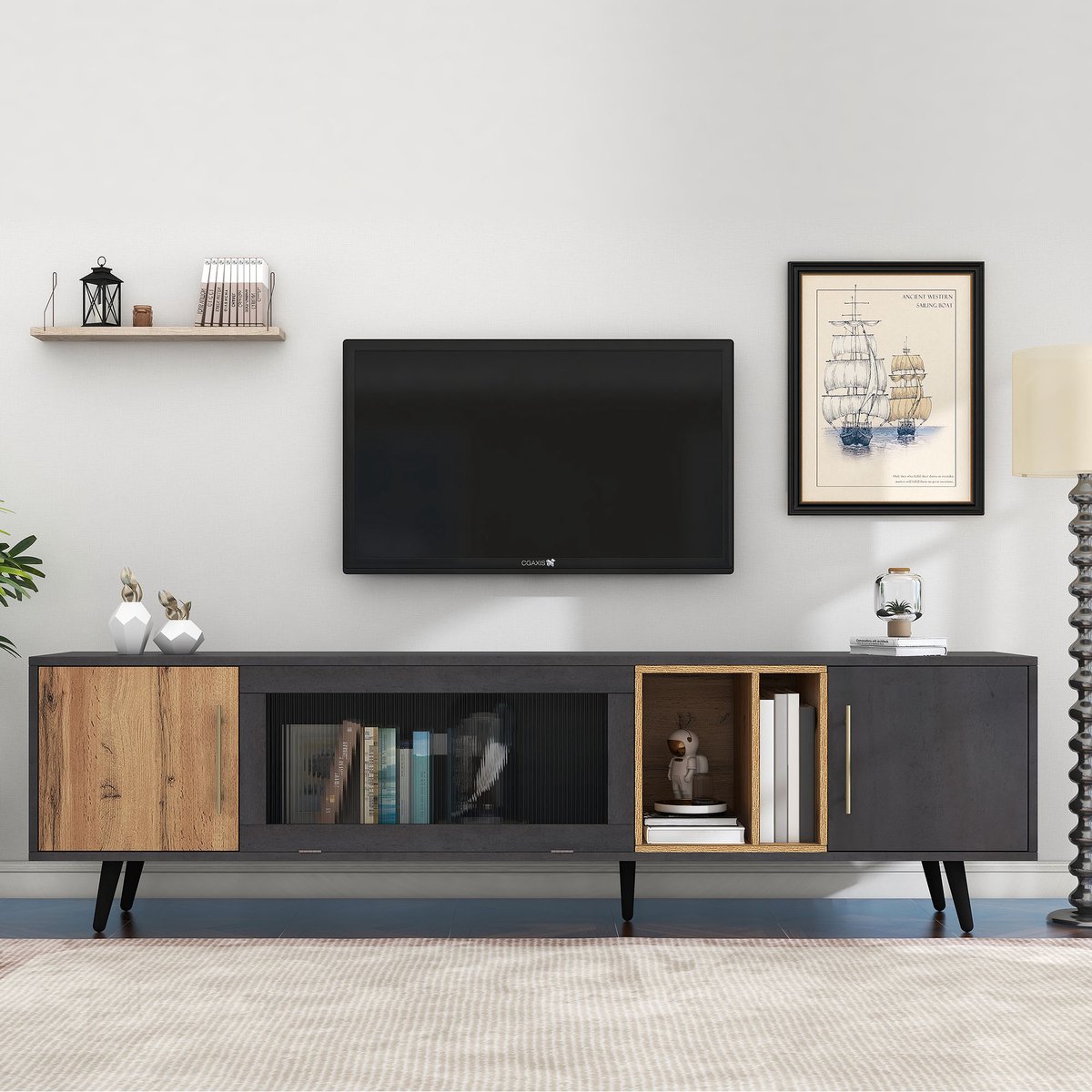 Pugsdrly Elegante tv-kast, 200x40x55,5 cm, donker hout, grijs en houtnerf, geschikt voor e