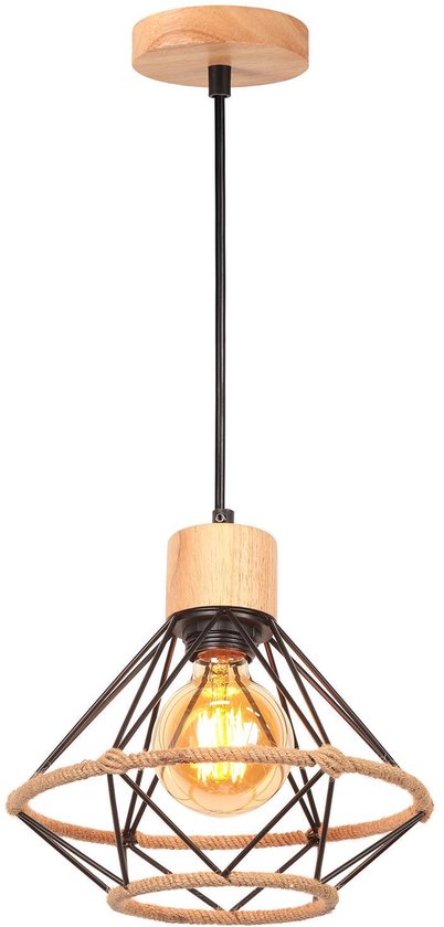 Industriële Houten Hanglamp Zwart IJzer & Glas - In Hoogte Verstelbaar