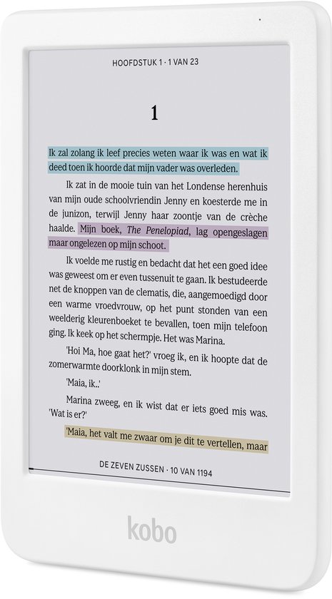 Witte Kobo e-reader met een pagina met gelezen tekst.