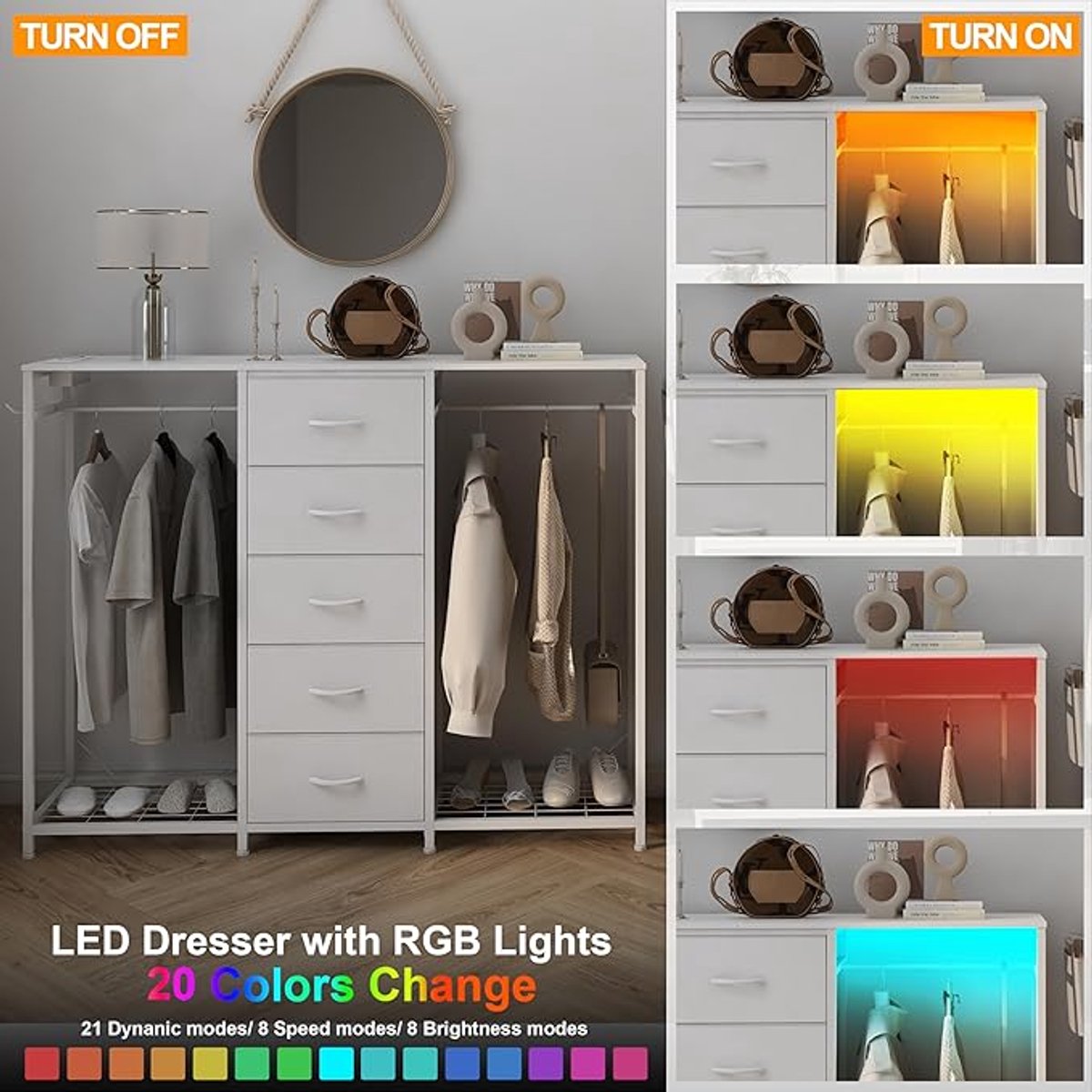 Image of 5-laden commode met kledingrek en LED-verlichting – Flexibele planken en open opbergruimte voor woonkamer