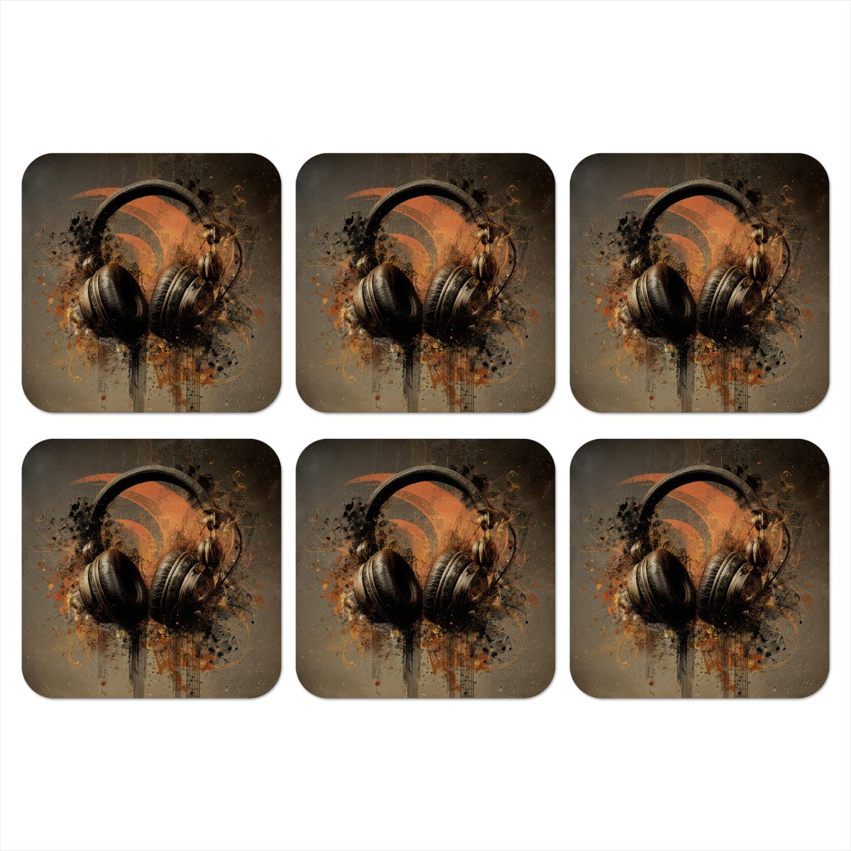 Onderzetters voor glazen - Koptelefoon - Bruin - Verf - Vintage - 10x10 cm - Glasonderzetters - 6 stuks