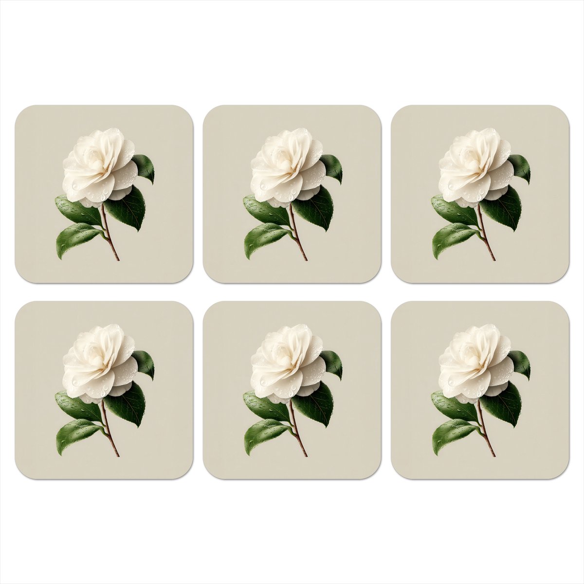 Onderzetters voor glazen - Cameliabloem - Wit - Groen - 10x10 cm - Glasonderzetters - 6 stuks