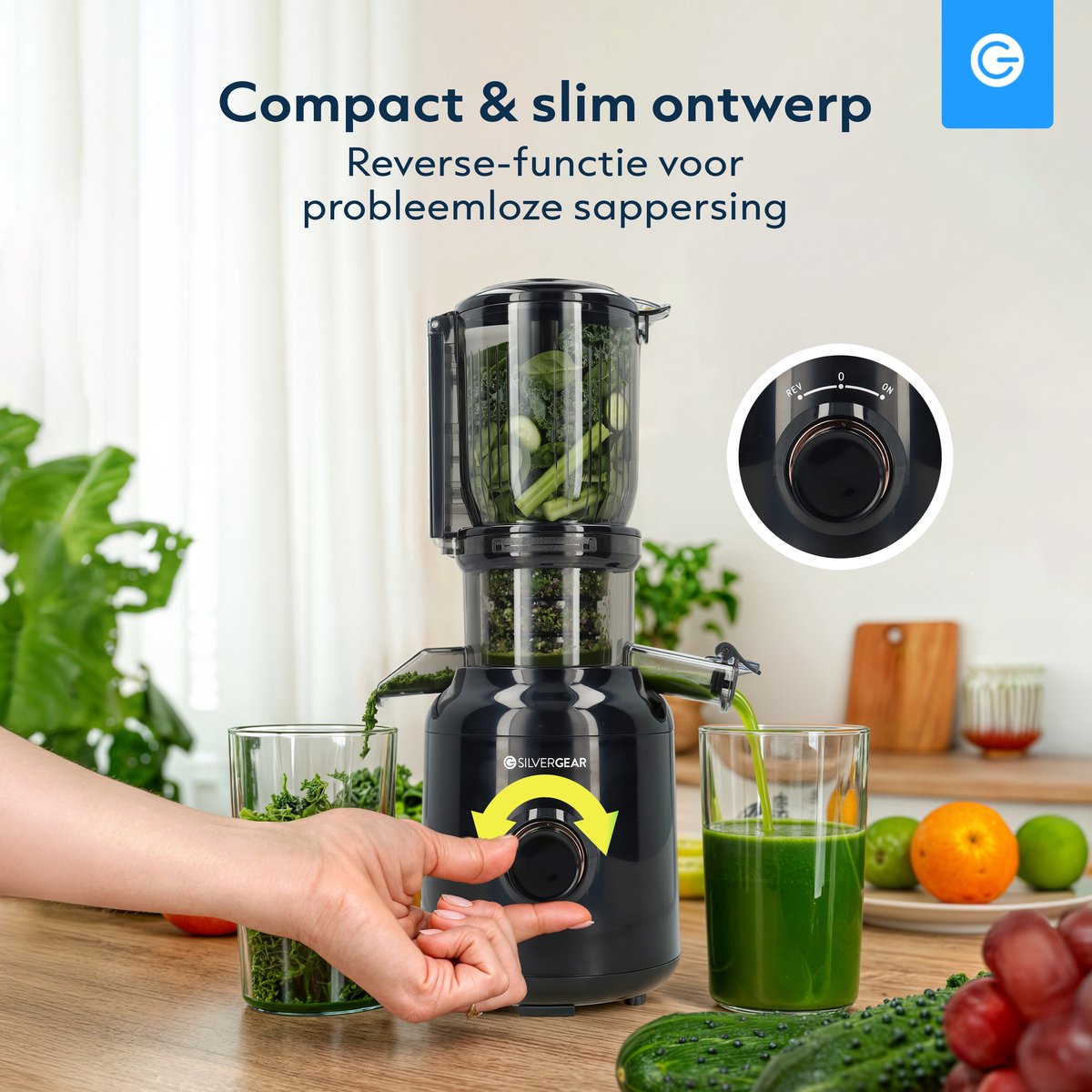 Slowjuicer XL 1000ml - BPA-vrij - Stille Sapcentrifuge - Voor Groenten en Fruit - 104mm Vulopening XXL - Fruitpers - Sapmachine - Citruspers Electrisch - Zwart - Silvergear thumbnail 3