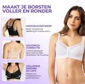 Wit corrigerende BH met voorsluiting op een model. Afbeeldingen tonen hoogrugontwerp, houdingscorrectie en volledige dekking in cups.