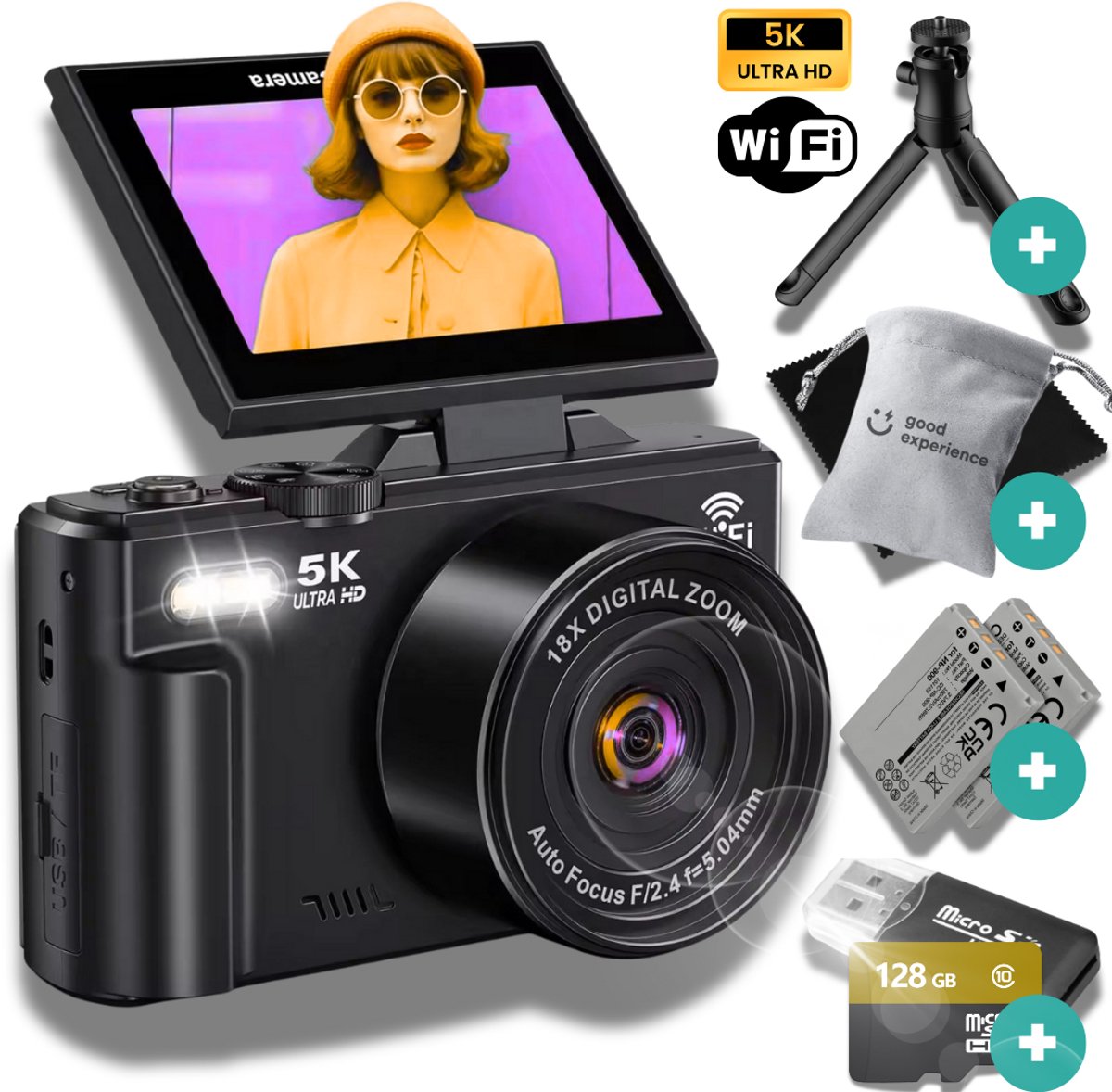 Digitale Camera 5K met WIFI - 75MP - 18X Zoom - Inclusief 128GB SD - Fototoestel - Vlog Camera - Compact Camera - Tripod - Good Experience