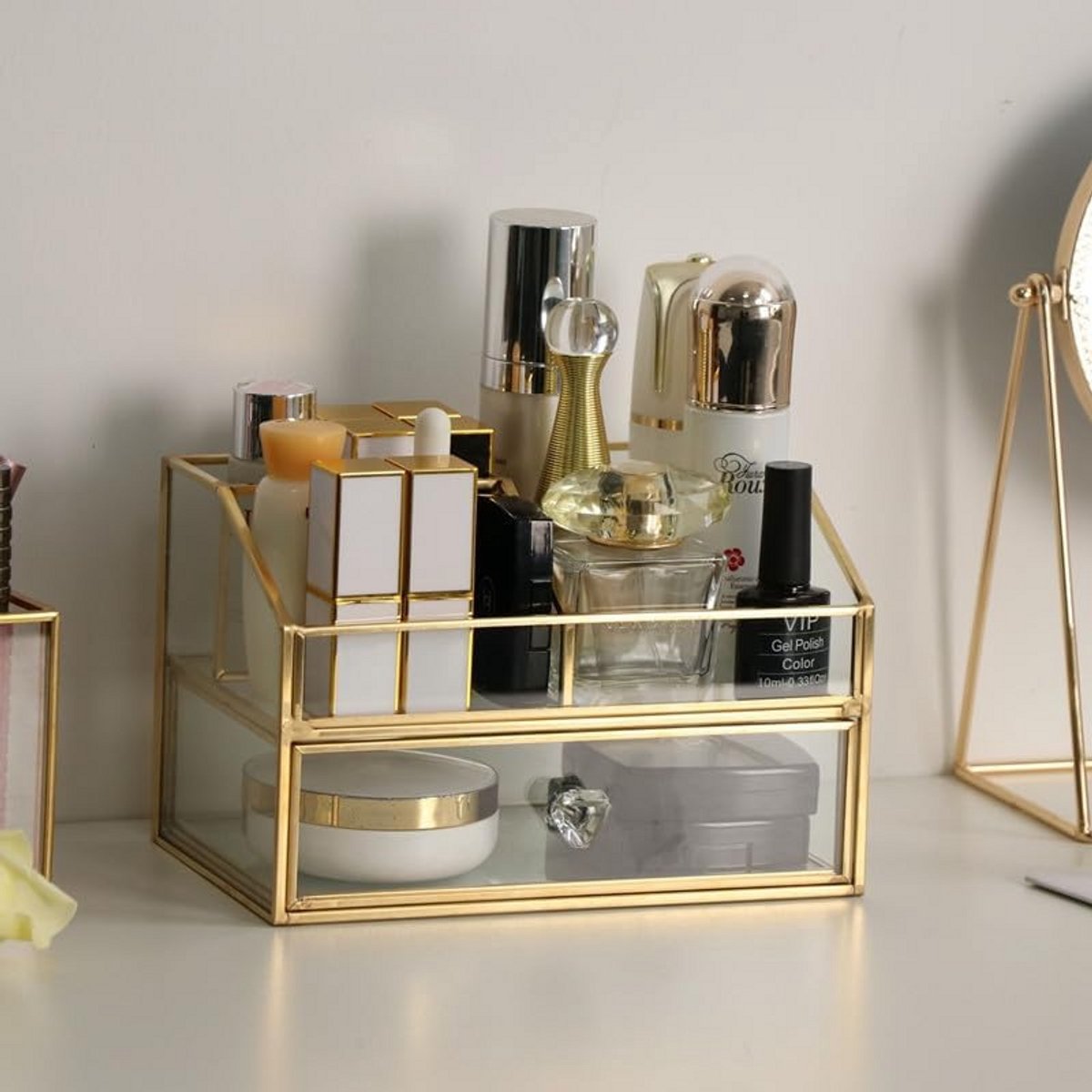 Make-Up-Organizer Met Laden - Organizer Voor Huidverzorging En Cosmetica - Gouden Make-Up Opbergglazen - Ideale Beauty-Organizer Voor Kaptafel Dressoir En Badkamer