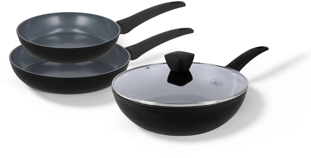 BE Living Pannenset 3-delig - Ø 24 & 28 cm Koekenpan + Ø 28 cm Wokpan met Deksel - Koekenpannenset - Keramisch - Inductie Pannen - PFAS Vrij Anti Aanbak - Delight Series