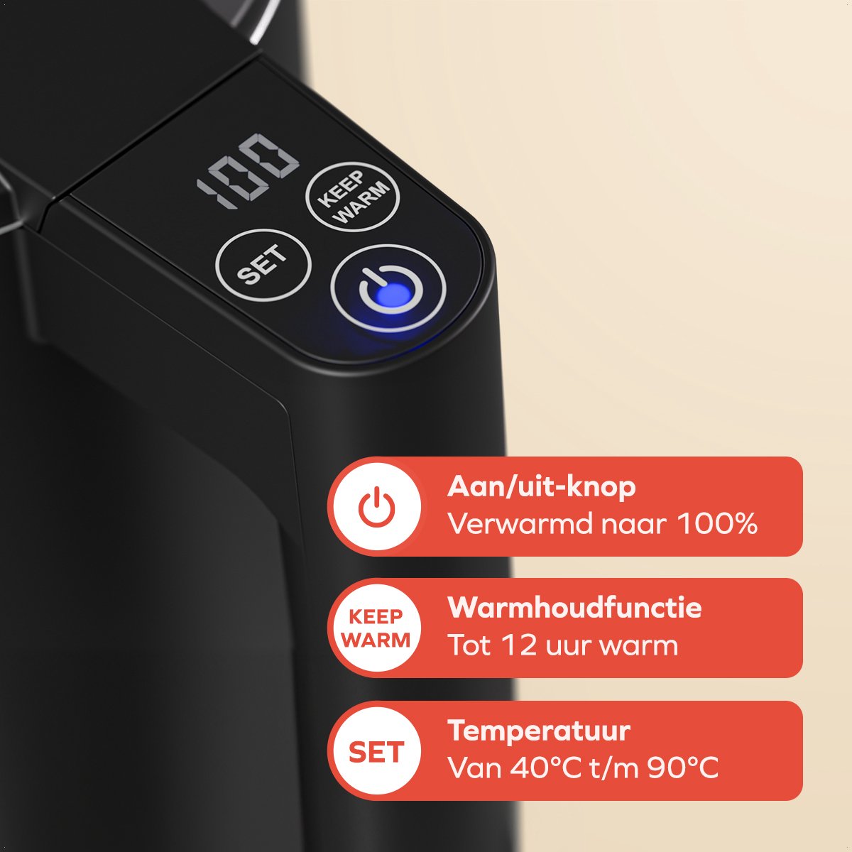 KitchenBrothers Waterkoker - 1.7L - Met Temperatuurregeling - PFAS- & BPA-vrij - Warmhoudfunctie - Display - Dubbelwandig - 2200W - Zwart – foto 2